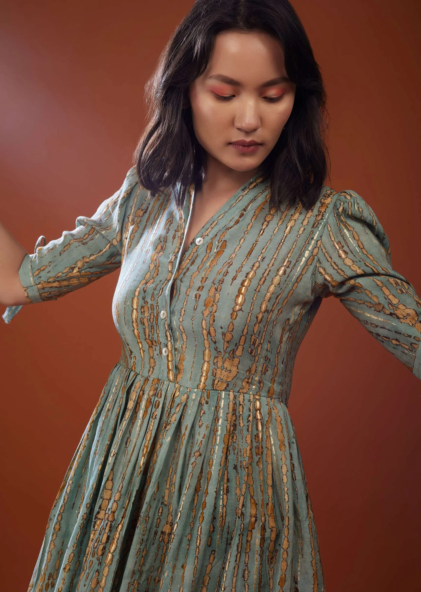 Mint Blue Printed Co-ord Set In Chaderi Silk