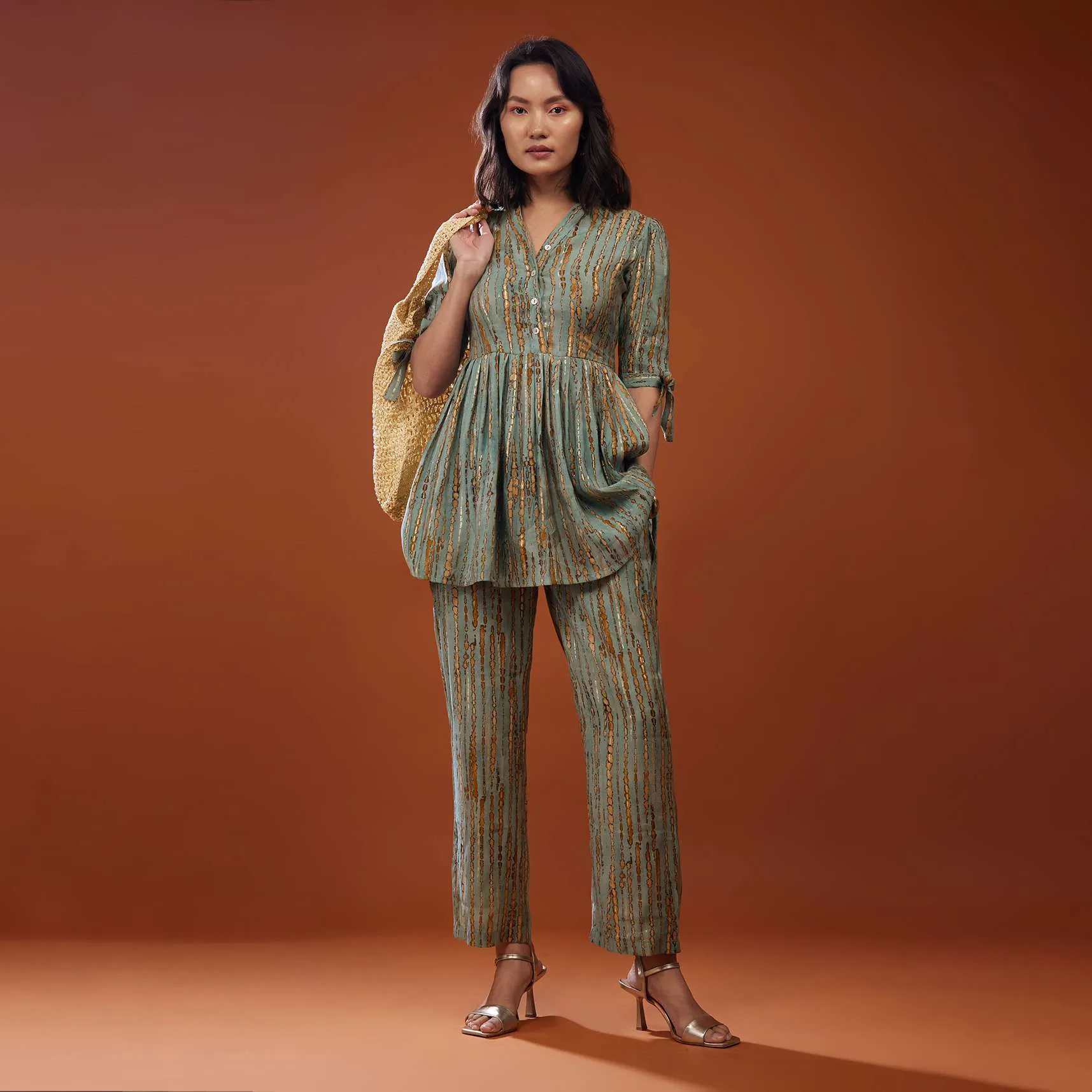 Mint Blue Printed Co-ord Set In Chaderi Silk