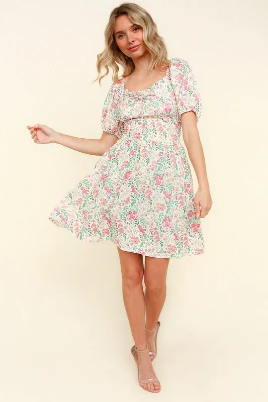 RIBBON SWEATHEART NECK SMOCKED FLORAL DRESS