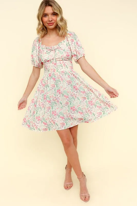 RIBBON SWEATHEART NECK SMOCKED FLORAL DRESS