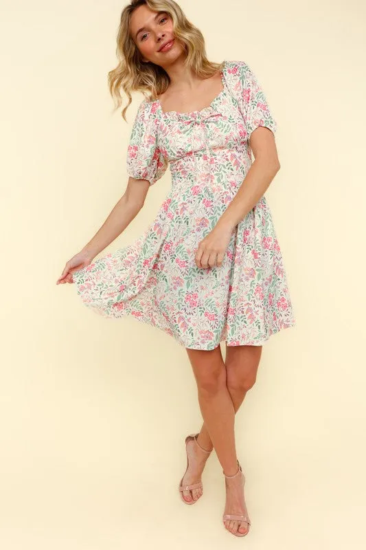 RIBBON SWEATHEART NECK SMOCKED FLORAL DRESS