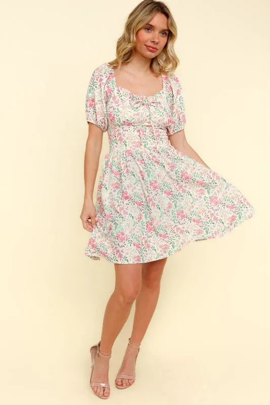 RIBBON SWEATHEART NECK SMOCKED FLORAL DRESS