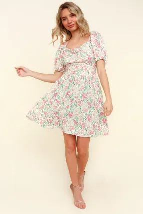 RIBBON SWEATHEART NECK SMOCKED FLORAL DRESS