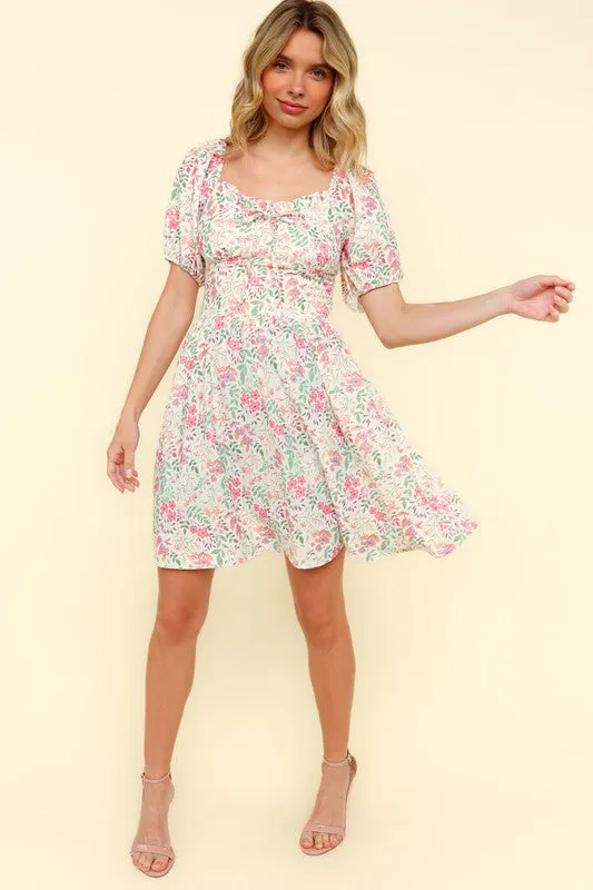 RIBBON SWEATHEART NECK SMOCKED FLORAL DRESS