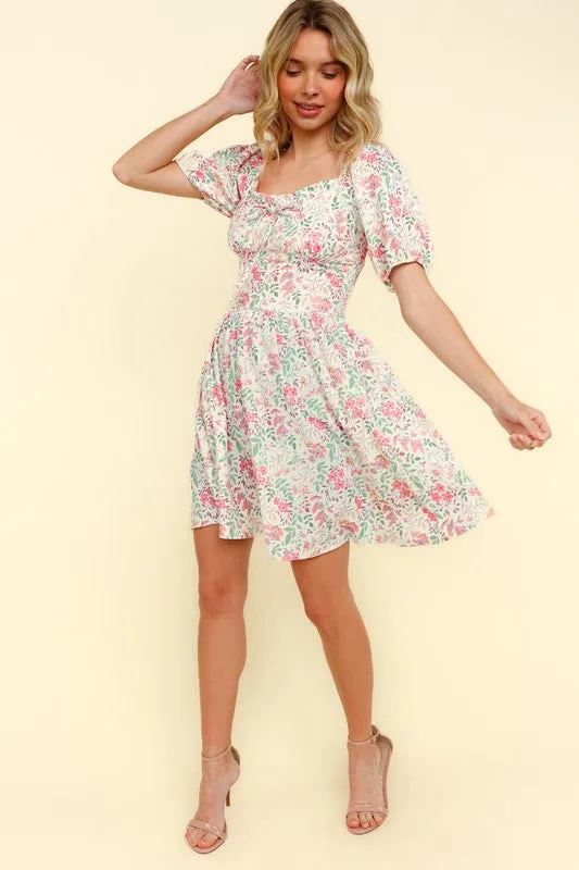RIBBON SWEATHEART NECK SMOCKED FLORAL DRESS