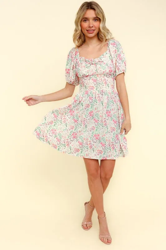 RIBBON SWEATHEART NECK SMOCKED FLORAL DRESS
