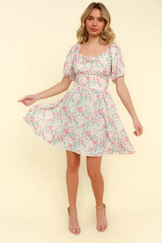 RIBBON SWEATHEART NECK SMOCKED FLORAL DRESS