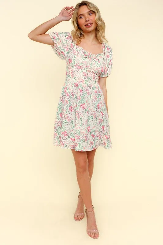 RIBBON SWEATHEART NECK SMOCKED FLORAL DRESS