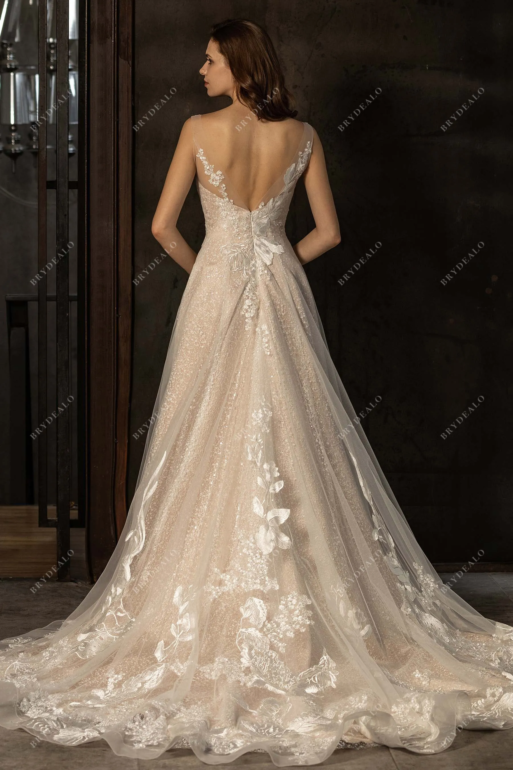 Romantic Asymmetric Floral Lace Destination Wedding Dress
