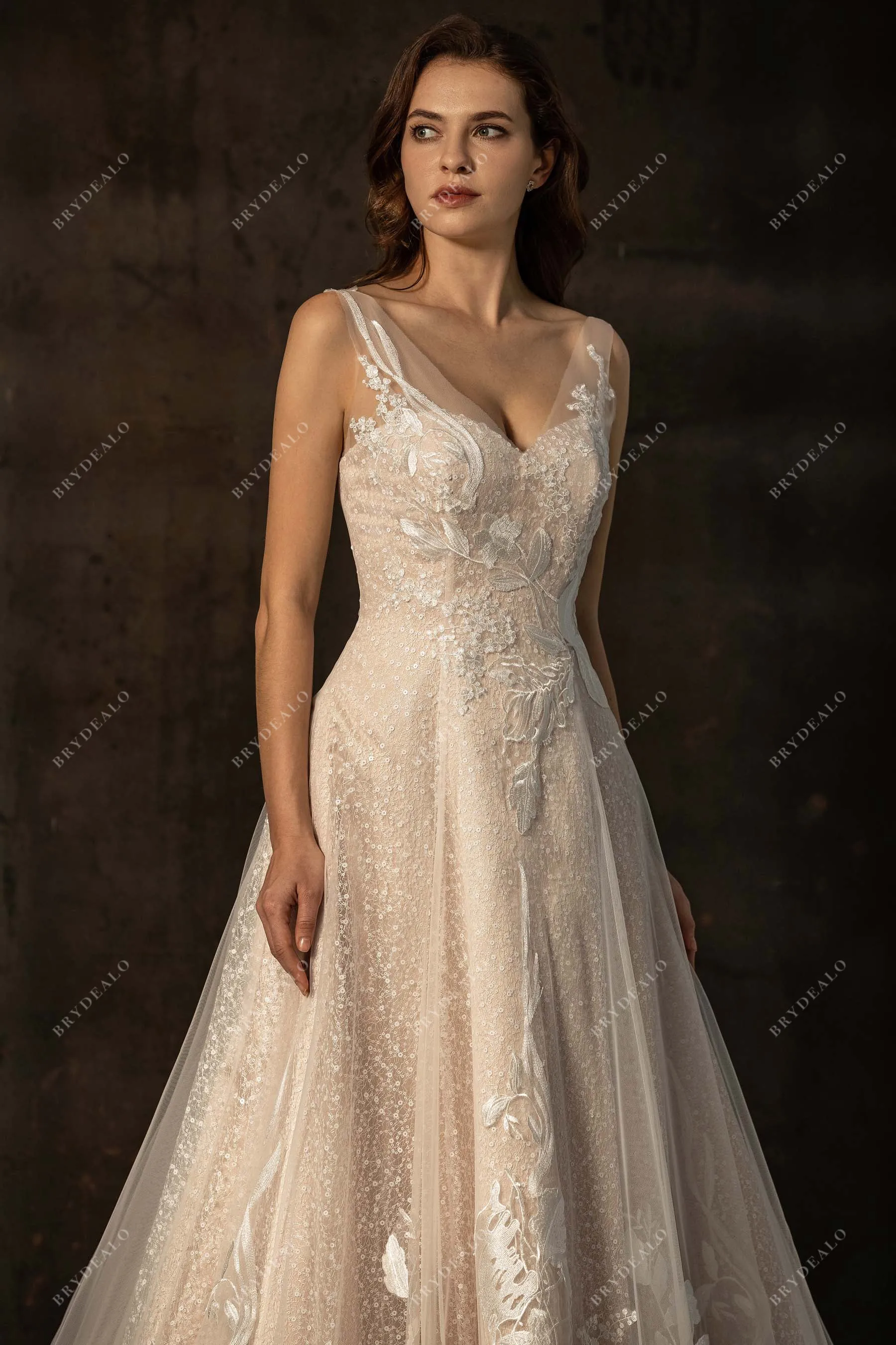 Romantic Asymmetric Floral Lace Destination Wedding Dress