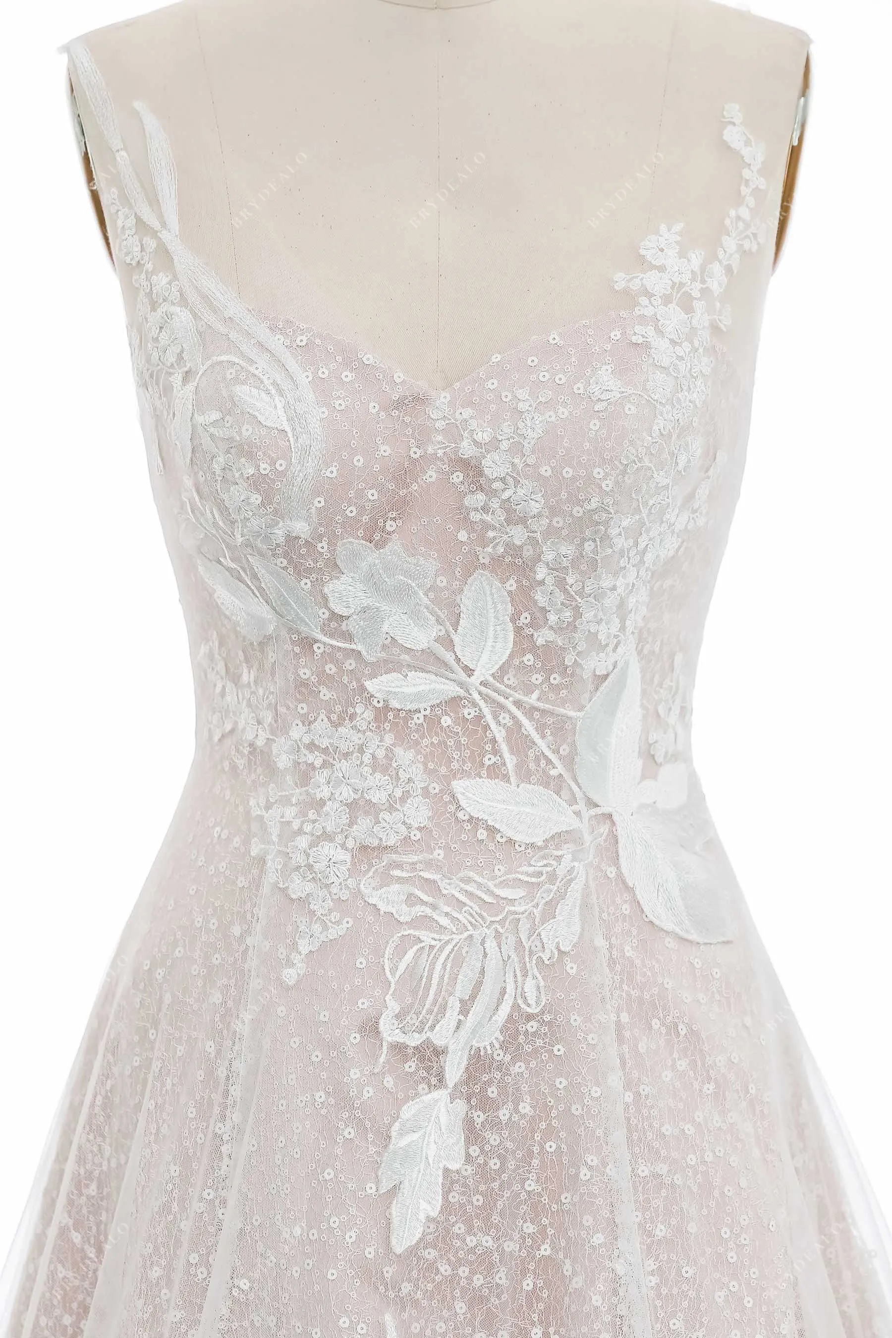 Romantic Asymmetric Floral Lace Destination Wedding Dress