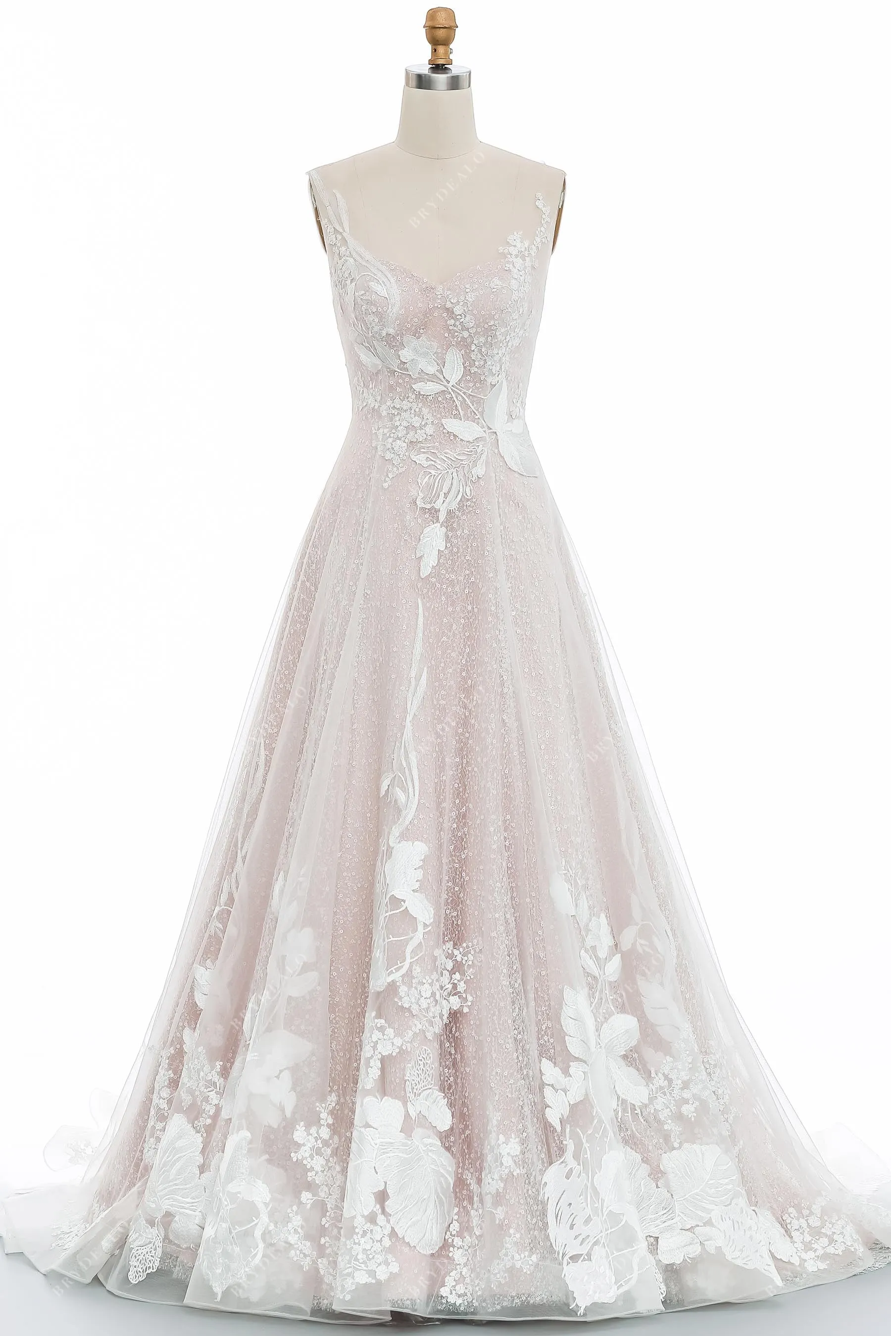 Romantic Asymmetric Floral Lace Destination Wedding Dress