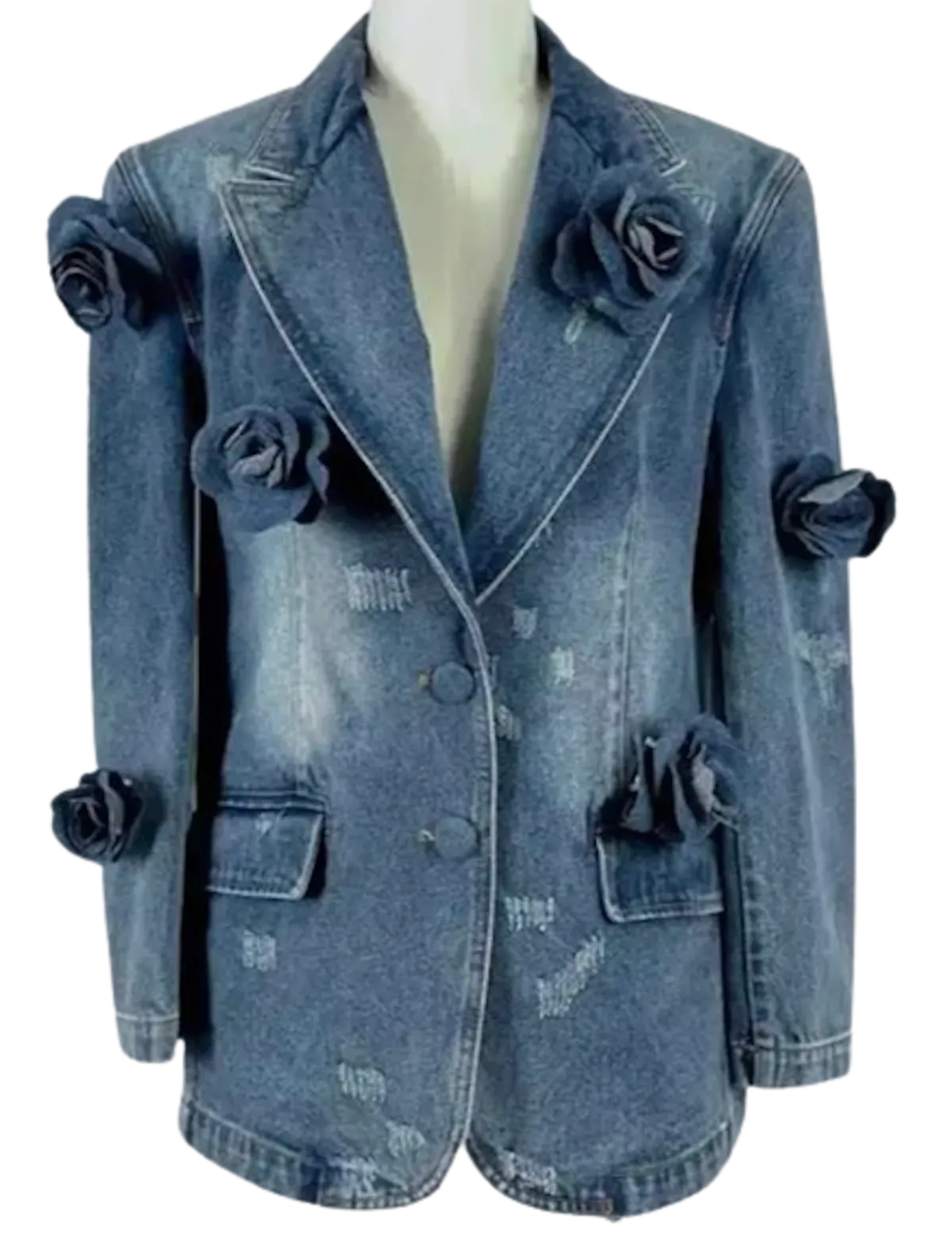 Rosette Trim Distressed Denim Jacket
