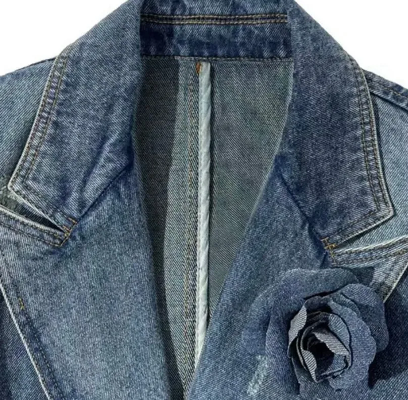 Rosette Trim Distressed Denim Jacket