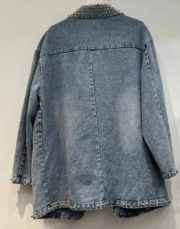 Rosette Trim Distressed Denim Jacket