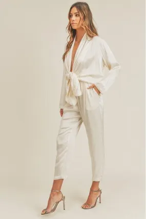 Satin Tie Front Jumpsuit- Ivory