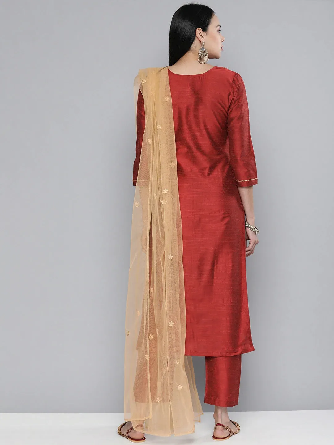 South Cotton Red Kurta Set With Pants and Dupatta For Women