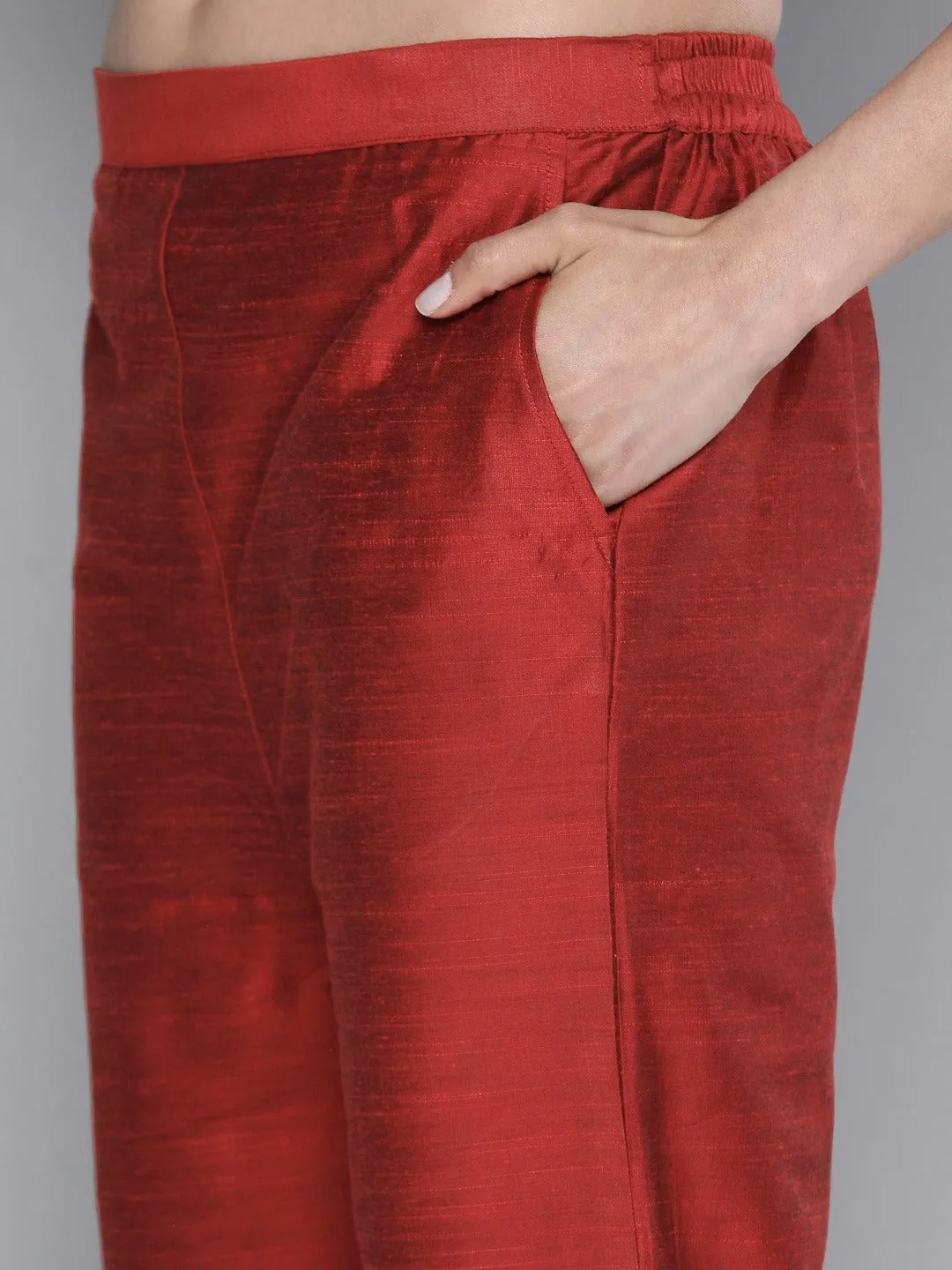 South Cotton Red Kurta Set With Pants and Dupatta For Women