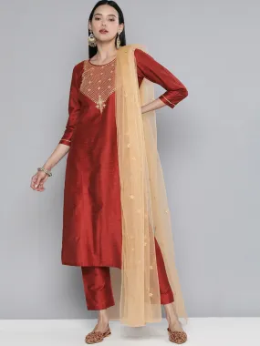 South Cotton Red Kurta Set With Pants and Dupatta For Women