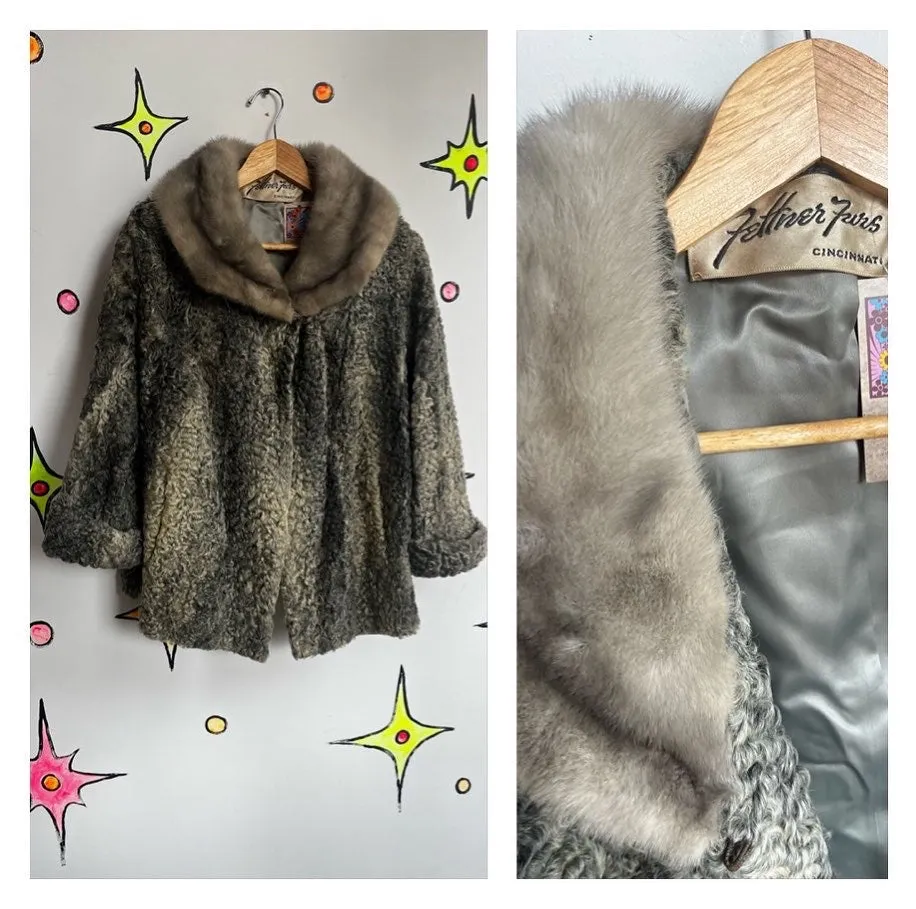 Vintage 40s 50s | Gray Lambswool Fur Coat with Mink Collar | Small