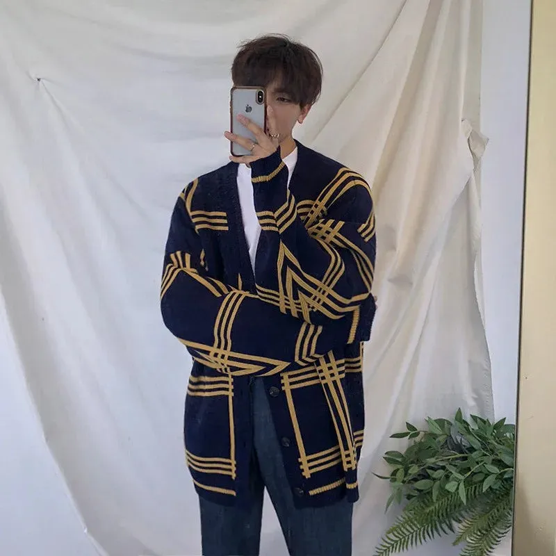 Wiaofellas  -  Autumn Men's Clothing Luxury Knit V Collar Cardigan Sweater Coat Long Sleeve Korean Popular Leisure Patchwork Knitwear M-3XL