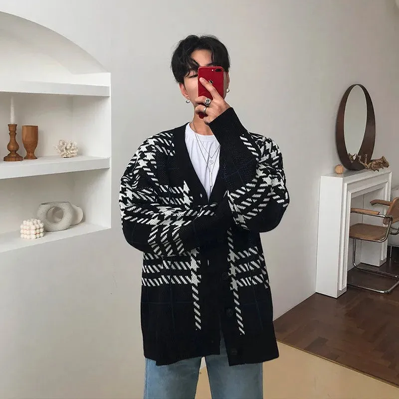 Wiaofellas  -  Autumn Men's Clothing Luxury Knit V Collar Cardigan Sweater Coat Long Sleeve Korean Popular Leisure Patchwork Knitwear M-3XL