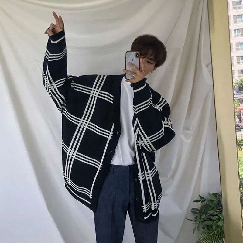 Wiaofellas  -  Autumn Men's Clothing Luxury Knit V Collar Cardigan Sweater Coat Long Sleeve Korean Popular Leisure Patchwork Knitwear M-3XL