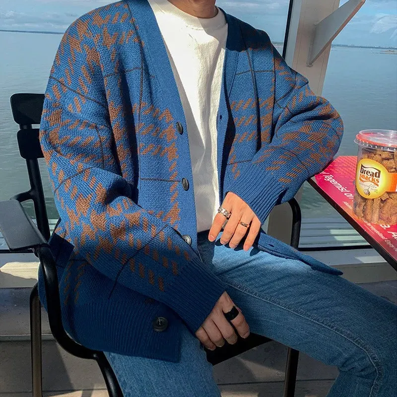 Wiaofellas  -  Autumn Men's Clothing Luxury Knit V Collar Cardigan Sweater Coat Long Sleeve Korean Popular Leisure Patchwork Knitwear M-3XL